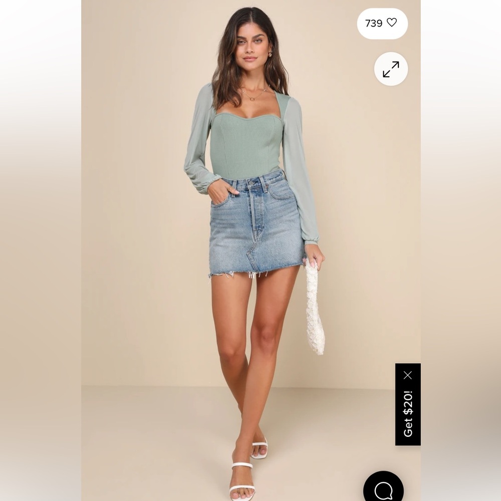 Lulus Sensational Sweetheart Sage Green Ribbed Balloon Sleeve Bodysuit